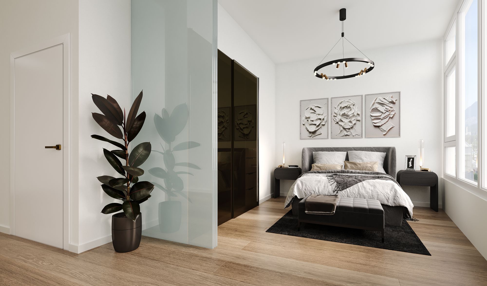 3D interior rendering of a bedroom at Italia by Solterra in Vancouver, with framed artwork and mountain views