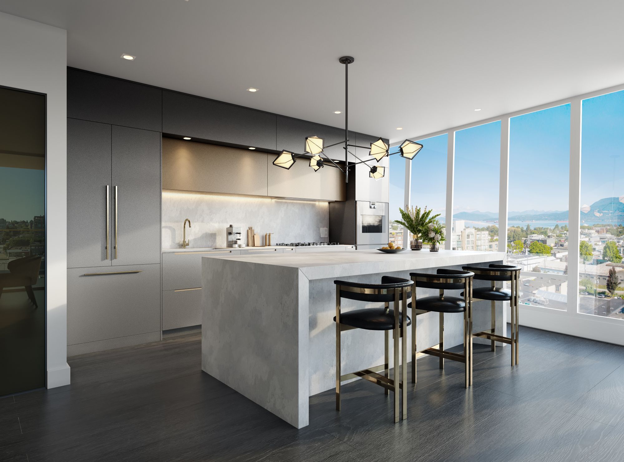 3D interior rendering of a kitchen at Italia by Solterra in Vancouver, with a waterfall island, bar stools, and floor-to-ceiling windows over English Bay