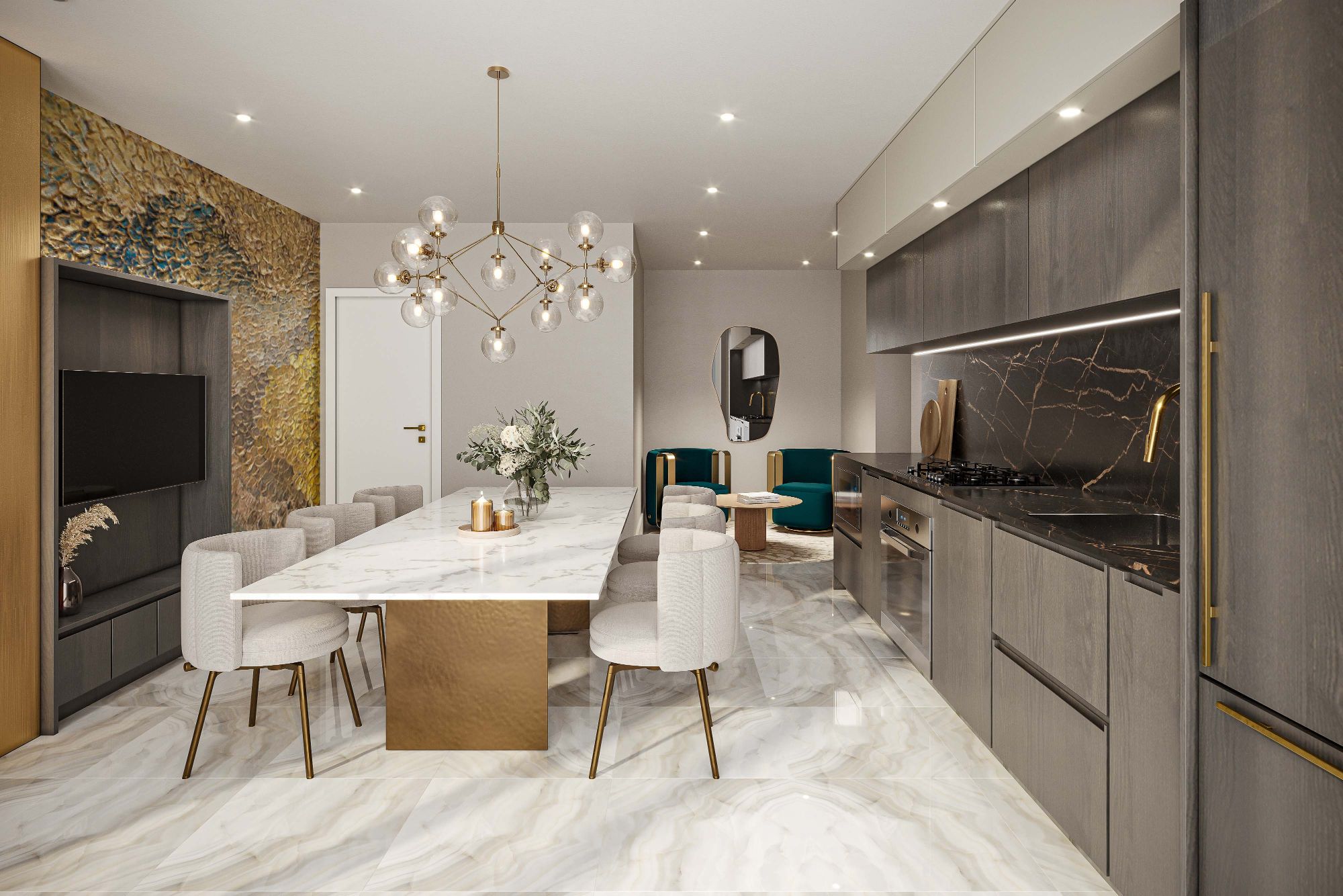 3D interior rendering of the kitchen and dining area at Italia by Solterra in Vancouver, with a marble dining table and gold chandelier