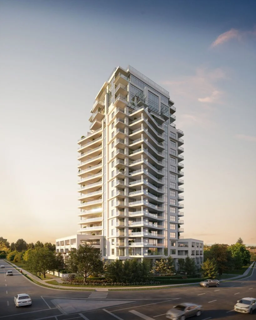 3D exterior rendering of Vivere high-rise condominium at 15202 Guildford Dr in Surrey, BC, Canada, created for residential pre-sales marketing