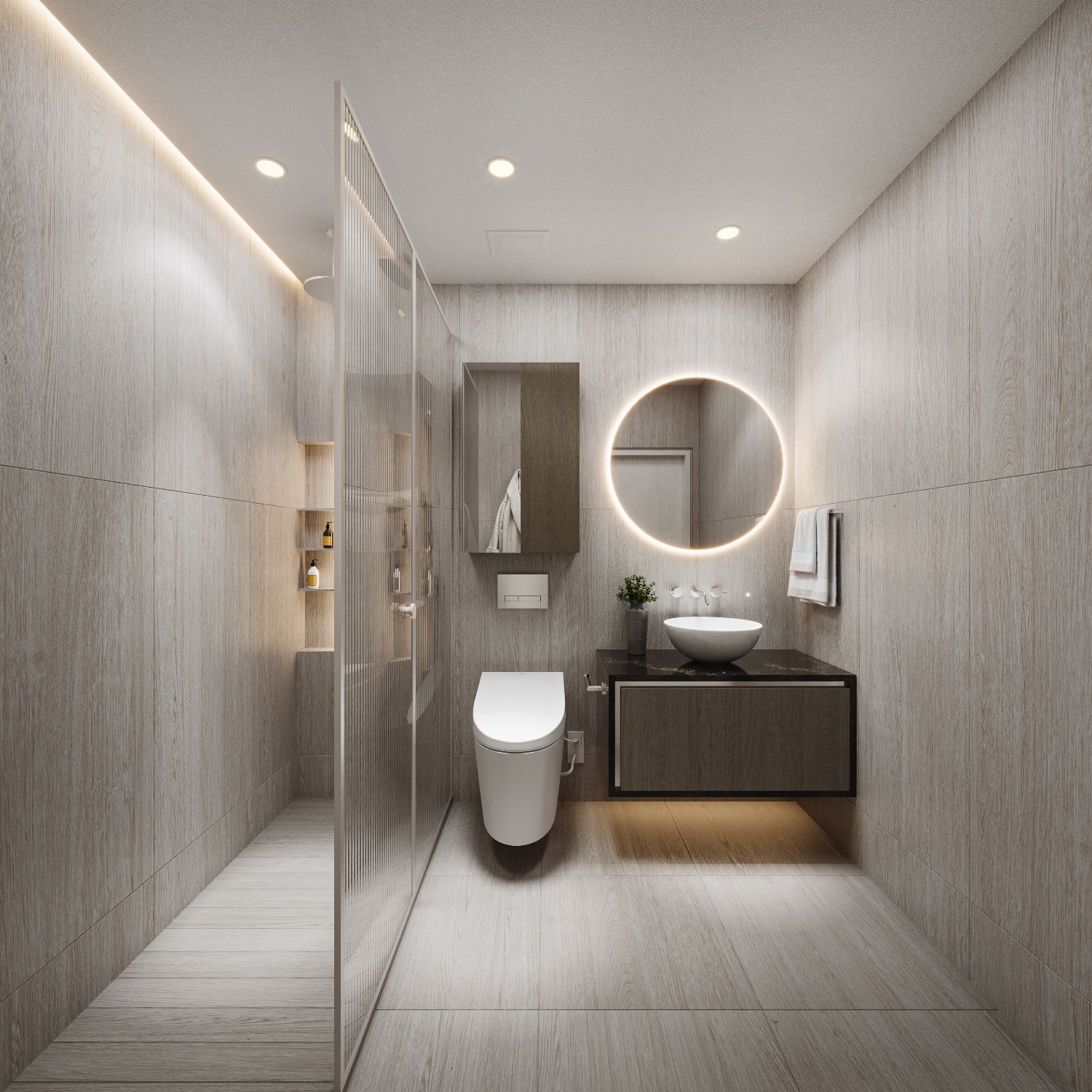 3D interior rendering of a Vivere by Solterra powder room clad in pale oak, with a backlit round mirror, a fluted glass shower screen, a black stone floating vanity, and a vessel sink.