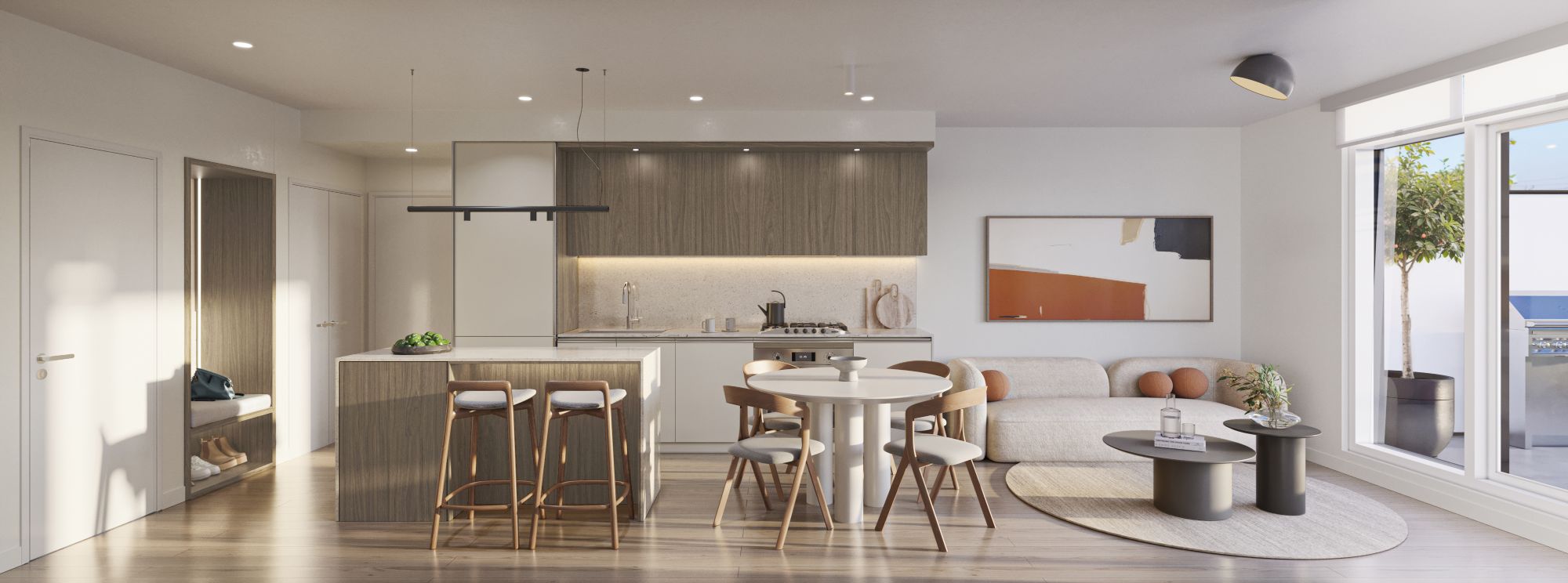 Wide 3D interior rendering of a Vivere by Solterra open-plan living, dining, and kitchen area with a warm wood kitchen and white waterfall island, bar stools, a round dining table, a long cream sofa, and sliding doors opening to a terrace.