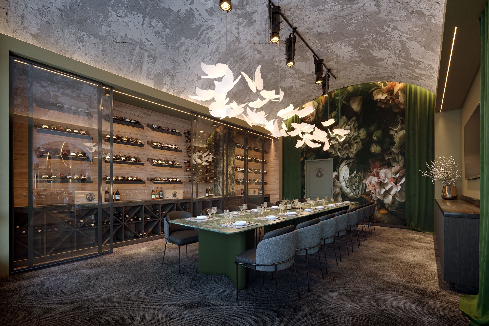 Photorealistic 3D rendering of the private dining room at Teatro Angelina, with a long green marble table and grey chairs beneath a sculptural flock-of-birds pendant, a glazed wine wall on one side, and a moody floral mural framed by green velvet drapery.