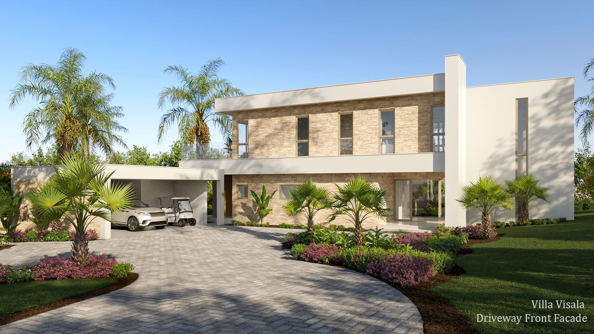 3D exterior rendering of Villa Visala at Apes Hill, Barbados, showing the two-story front facade in limestone and natural stone with a carport and a curved paver driveway framed by palms.