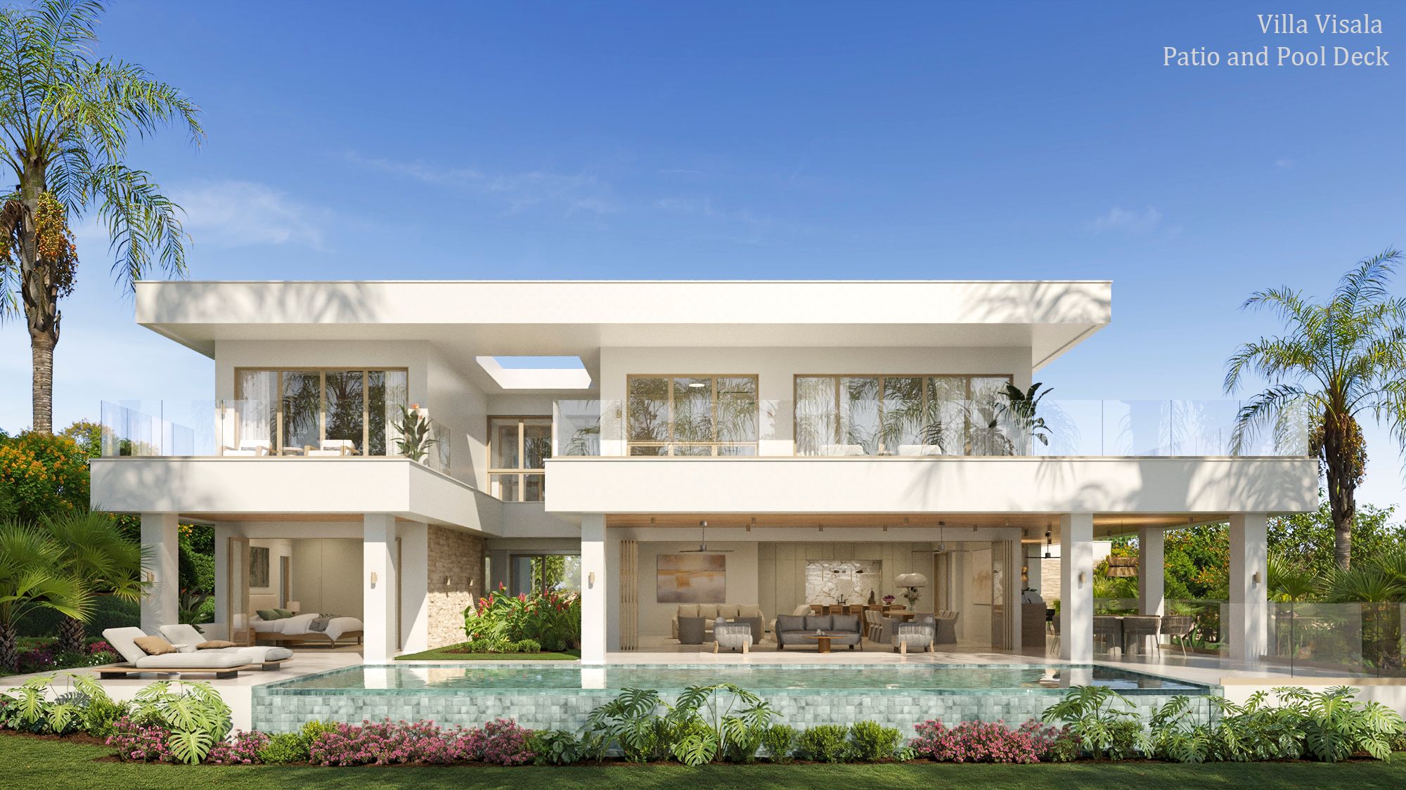Rear 3D rendering of Villa Visala, a two-story luxury golf villa at Apes Hill, St. James, Barbados, showing the pool deck and covered living terrace, created for off-plan pre-sales marketing.