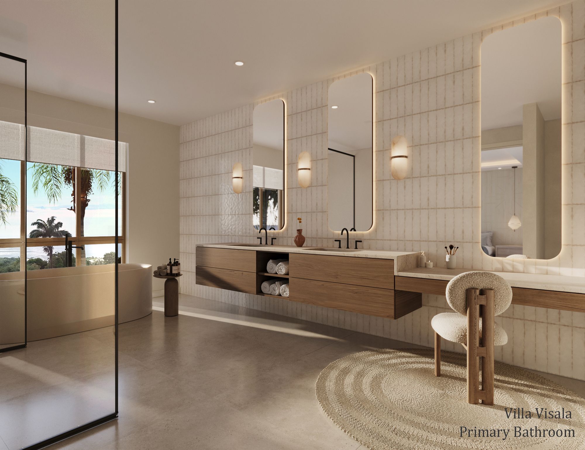 Interior 3D rendering of the Villa Visala primary bathroom featuring a double timber vanity, backlit mirrors, a freestanding tub behind a glass partition, and a garden view.
