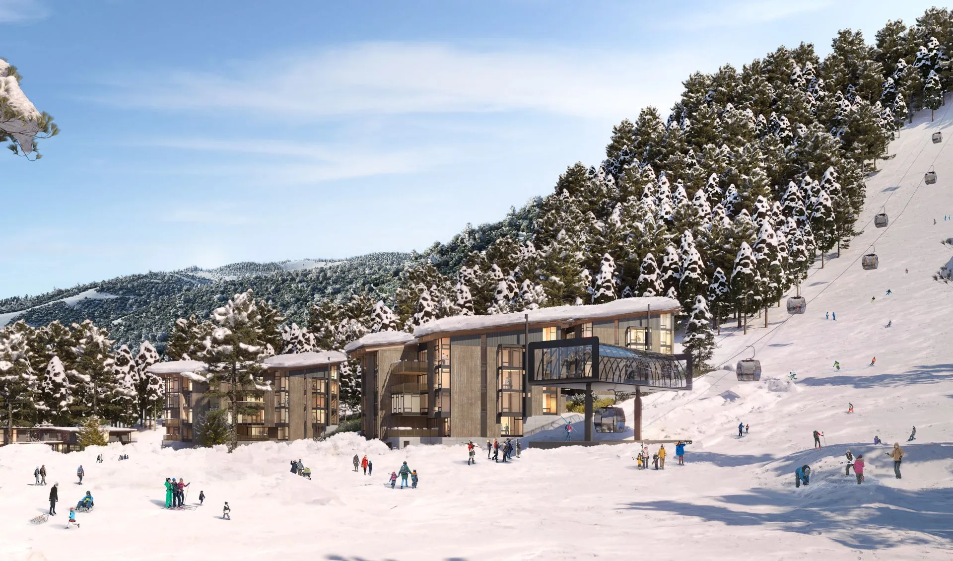 Winter ski resort, Lake Tahoe, exterior rendering