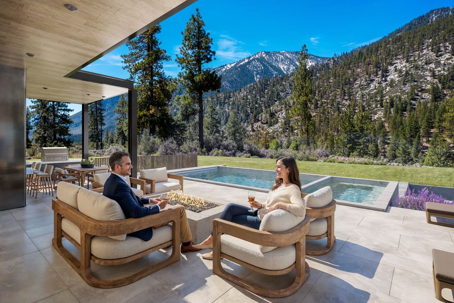 3D rendering of a mountain estate with a snow-capped Sierra view