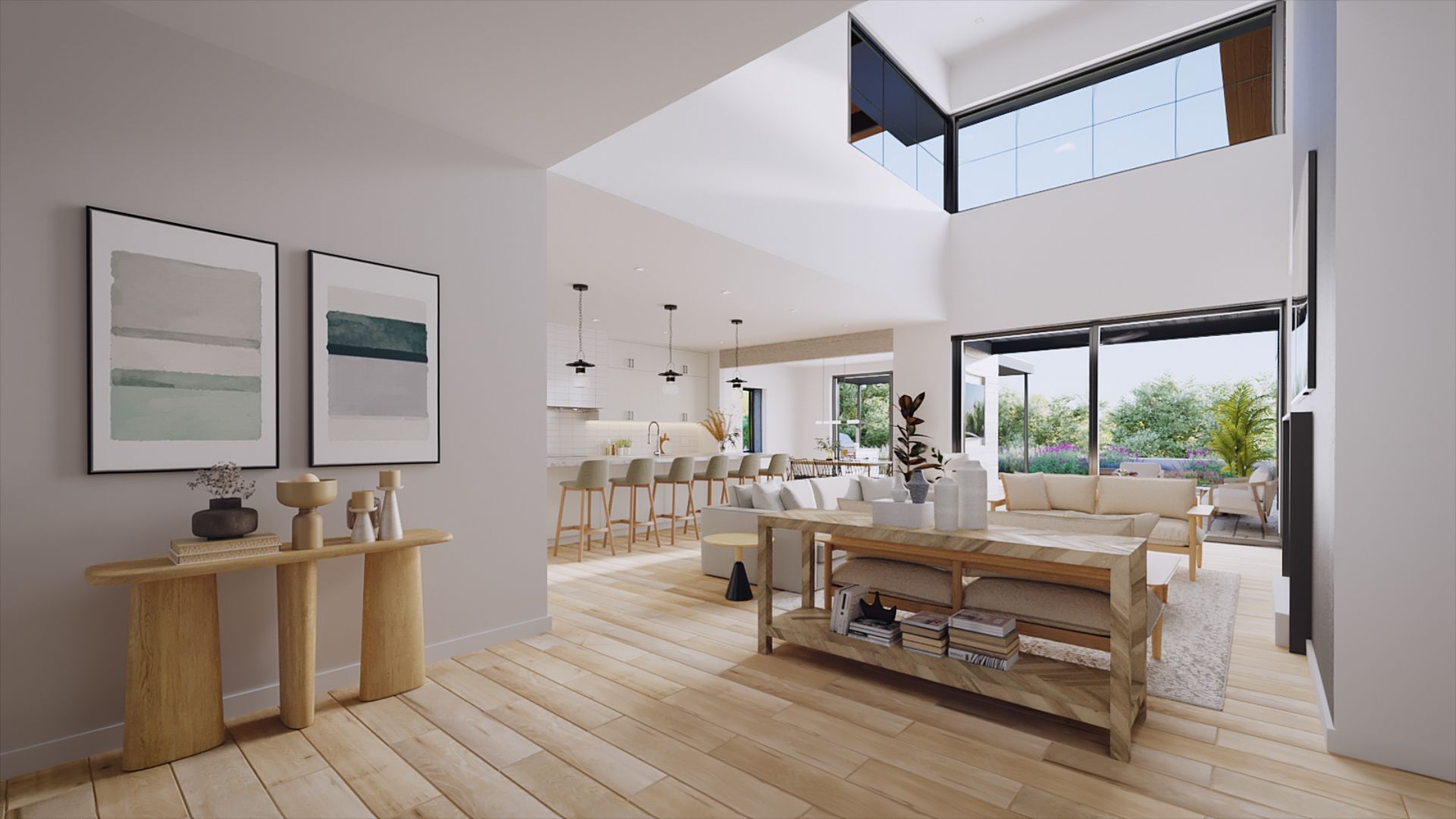 3D interior rendering of an open-plan cabin living and kitchen space at the Driftwood golf community near Austin, Texas, with double-height window and light wood floors