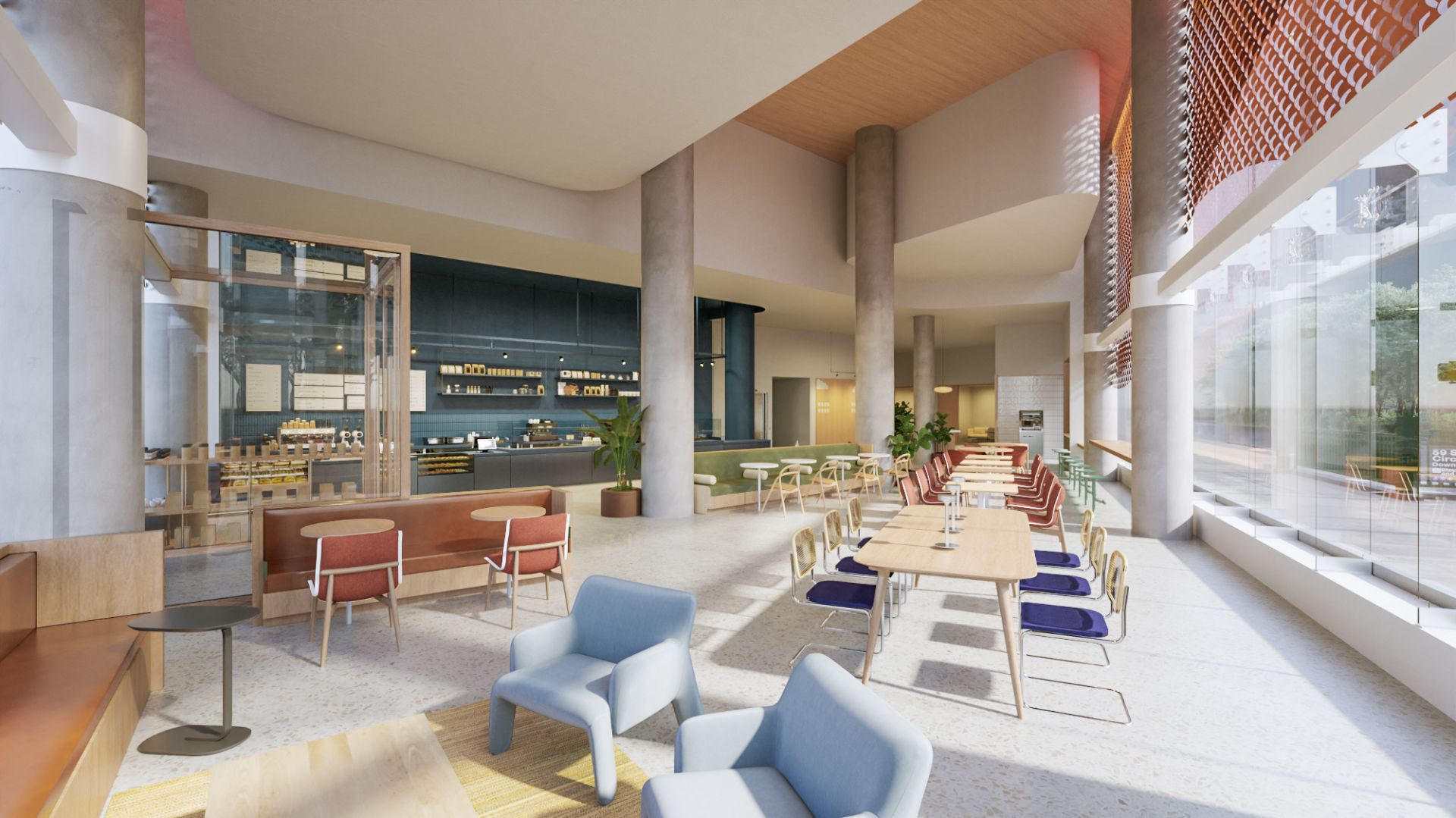 3D interior rendering of a Capital One Café seating area in Manhattan, with a long communal table flanked by coral and purple chairs, light blue tub chairs, a coffee bar behind glazing, an orange ceiling baffle, and concrete columns.