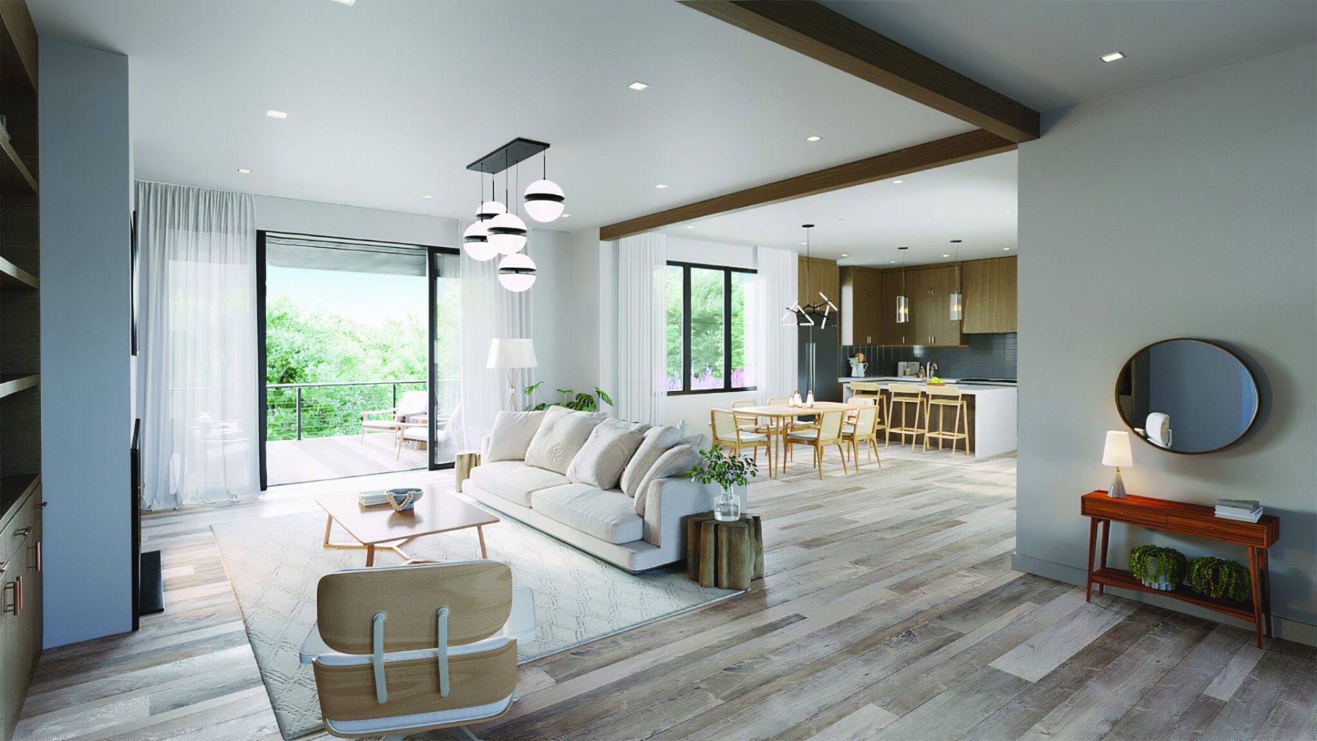 3D interior rendering of a bungalow great room at the Driftwood golf community near Austin, with a sofa, dining area, open kitchen, and a balcony overlooking trees