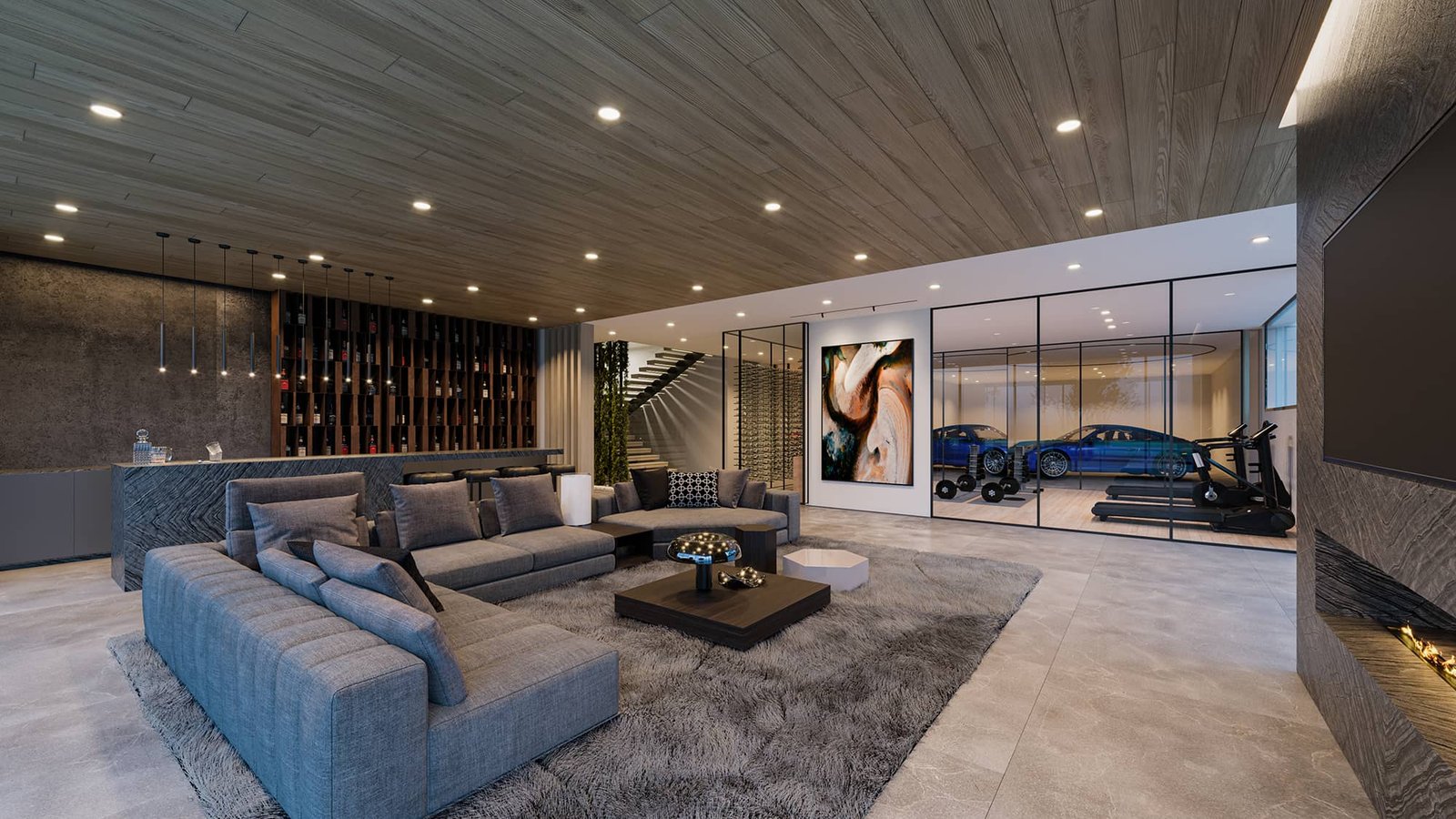 3D interior rendering showing detailed materials and finishes
