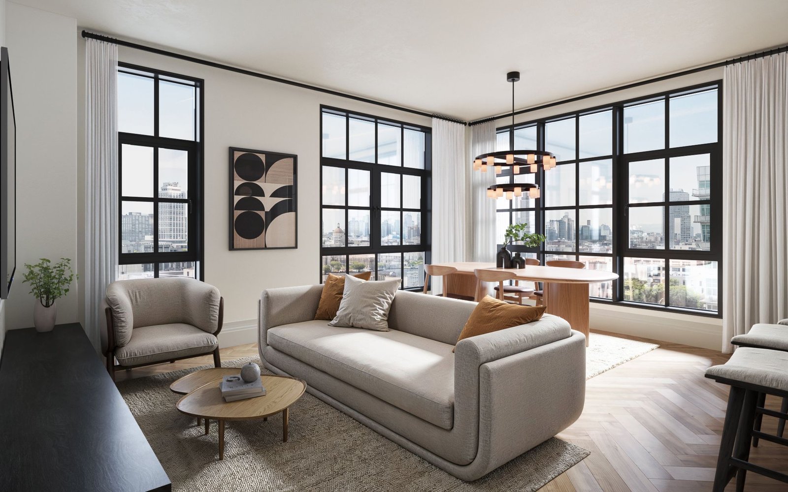 3D rendering of townhouse living room at 402 Union Avenue in Williamsburg Brooklyn featuring large windows, natural light, and city views