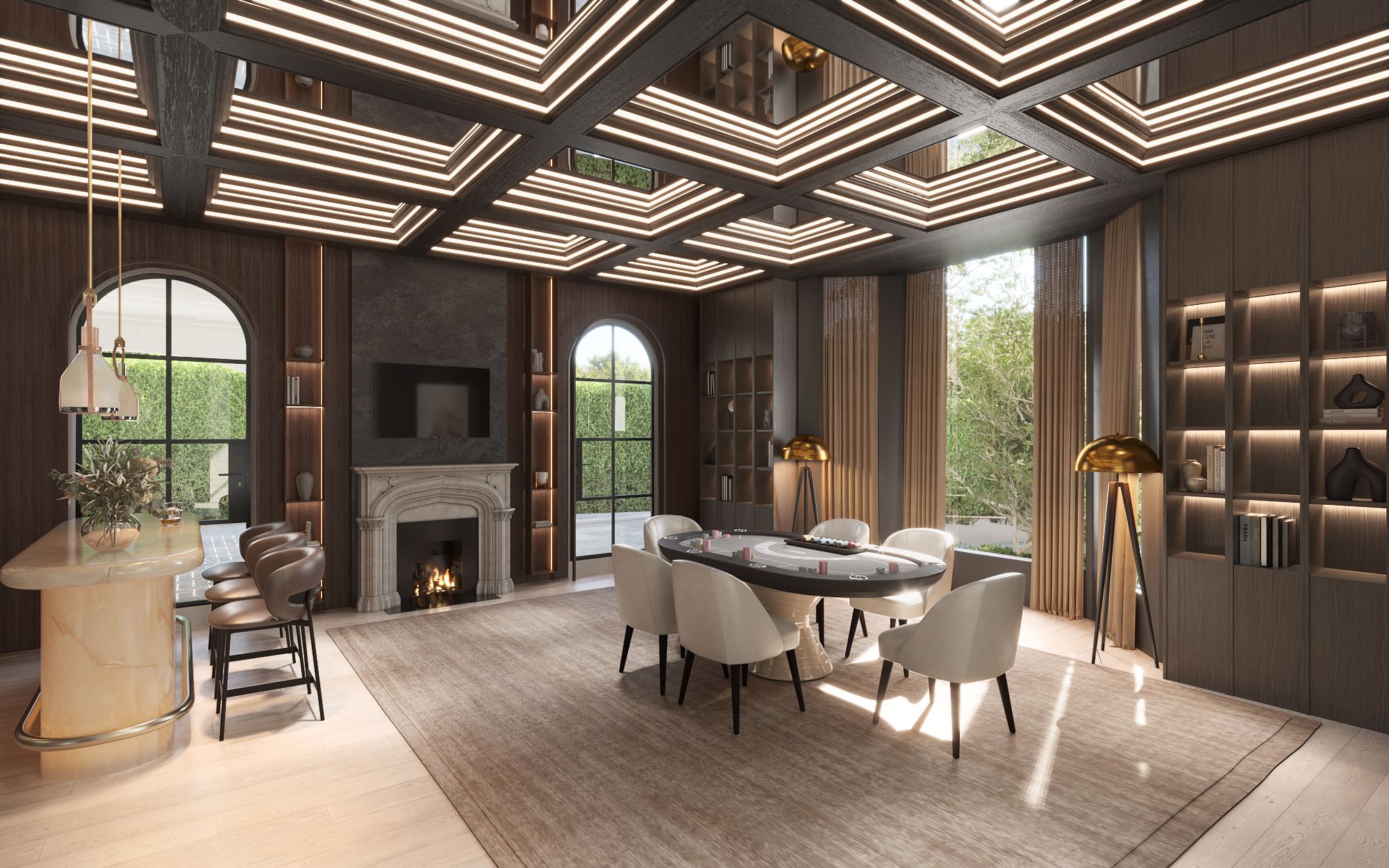 3D interior rendering of a Chatsboro Drive lounge with a marble fireplace, a round games table, an illuminated coffered ceiling, and arched windows over the garden