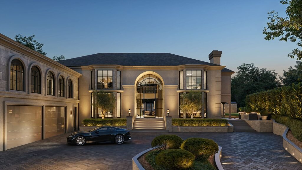 3D exterior rendering of a luxury home at dusk with warm interior lighting