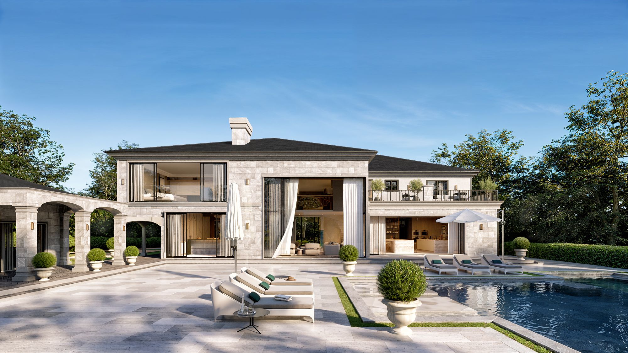 3D rear exterior rendering of the Chatsboro Drive home in Los Angeles with retractable glass walls open to a pool terrace, sun loungers, and an arched stone loggia under a clear sky