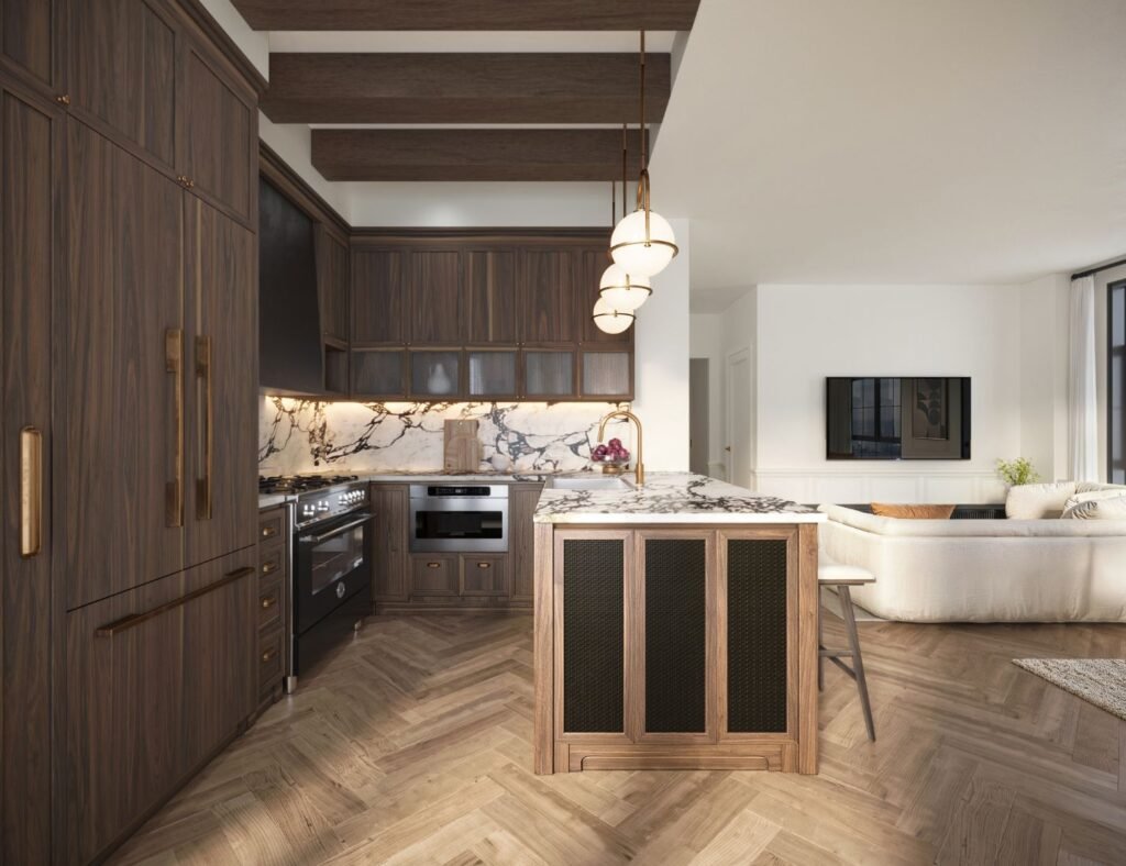 3D rendering of an Orson Williamsburg kitchen with walnut cabinetry, a marble backsplash, brass fixtures, and a caned island open to the living room