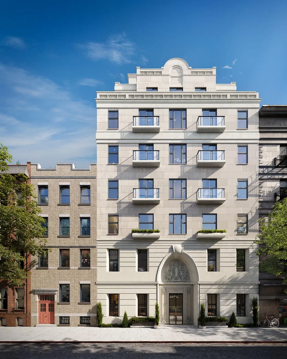 Photorealistic 3D exterior rendering of the 213 East 83rd Street luxury townhouse-style condominium in Manhattan, a seven-story limestone building with an ornate crown, balconies, and an arched entrance, set between prewar neighbors