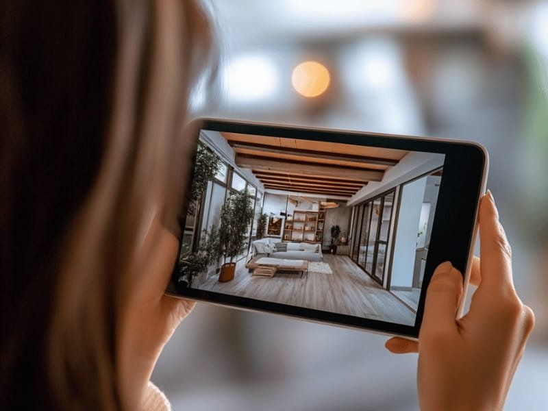 A user navigating a virtual property tour on a tablet